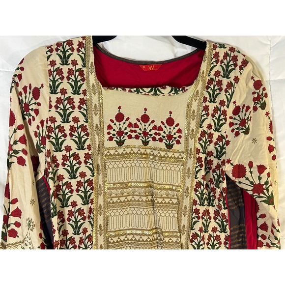 W for Woman Kurti Tunic Top Beige Red Floral Print Sequins Made in India Size 10 - Picture 5 of 12